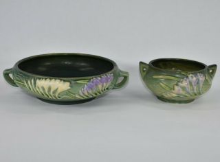 Vintage Roseville Pottery Freesia Green Bowl 464 - 6 And Sugar Bowl 6 - S