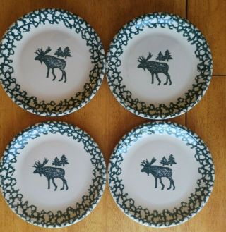 Set Of 4 Folk Craft Moose Country Tienshan 10.  5 " Dinner Plates Green Sponge Euc
