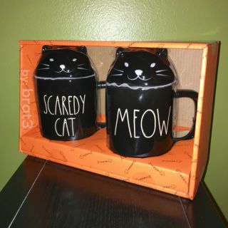 Rae Dunn Halloween Ll " Scaredy Cat " & " Meow " Black Mug W/ Cat Toppers By Magenta