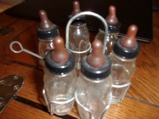 Six Vintage Glass Doll 3 " Baby Bottles W/ Rubber Nipples Rack Brush 3 3/4 "