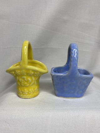 2 Shawnee Usa Pottery Blue & Yellow Flower Basket Mini Miniature Figurine