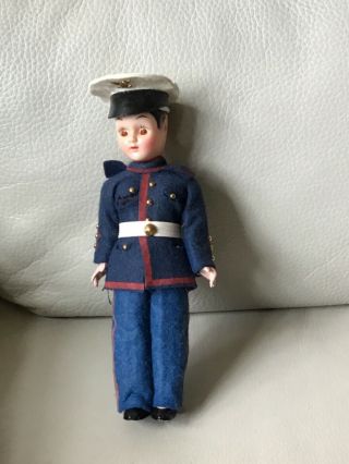 Vintage 7 - 1/2” Plastic 40’s Straight Body Jointed Arms Head Doll Usmc Service