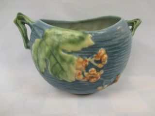 Roseville Pottery " Bushberry " Bowl Vase Branch Handles Blue 411 - 4