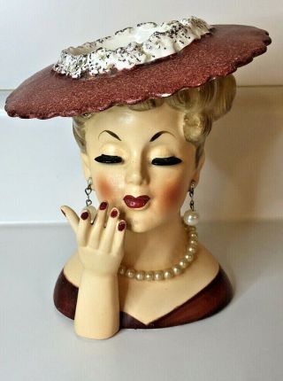 Vintage Napco 1958 C3307b Lady Head Vase With Red Outfit And Pearls