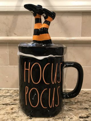 Rae Dunn Halloween Hocus Pocus Mug With Witch Legs Topper/lid Black