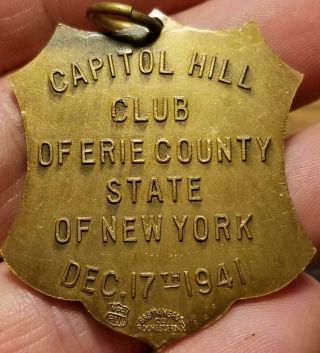 Vtg Brass Building Medal Fob 1941 Erie County York Capital Hill Club Bastian