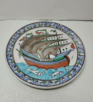 Icaros Ikaros Pottery Hand Painted Sailing Ship Rhodes Greece 8.  5 Plate Numbered