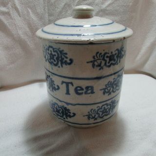 Antique Colbalt Blue Salt - Glaze Stenciled Stoneware Tea Crock Canister With Lid