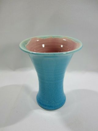 Pisgah Forest Pottery Turquoise Ombre Pink Interior Crackle Glaze 4 3/4 " Ht 1941