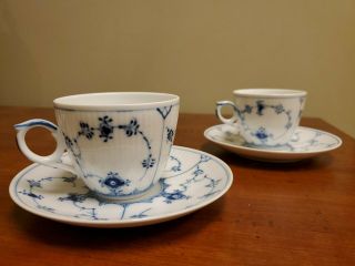 Pair Vintage Royal Copenhagen Denmark Blue & White Tea Cup,  Saucer