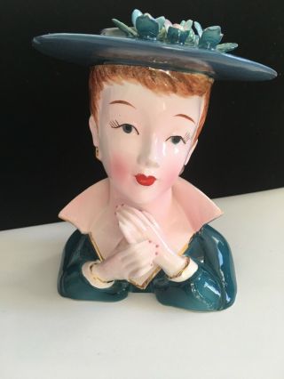 Vintage Lefton’s Japan Model 70566 5” Lady Head Vase Teal Rose Hat & Dress