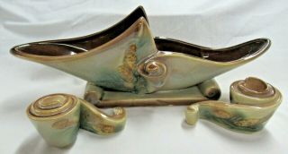 Hull Ceramic Console Bowl With Candle Holders 3 Pc.  Set Parchment & Pine Cones