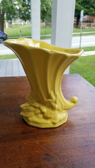 Vintage Mccoy Art Pottery Yellow Cornucopia Vase Planter Signed