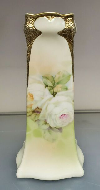Antique Royal Bayreuth Porcelain White Rose& Gold Foral Hat Pin Holder Vase