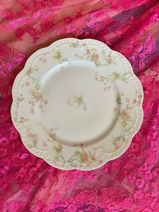 Antique French Haviland Limoges Porcelain 10” Plates Pink Roses & Blue Scrolls