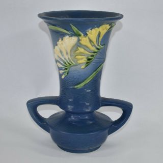 Vintage Roseville Pottery Freesia Blue Art Deco Vase 124 - 9