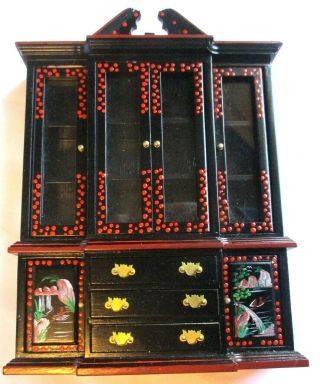 Vintage Miniature Dollhouse Oriental Inspired 7 1/2 " Tall China Cabinet - Drawers