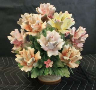 Vintage Rare Capodimonte Porcelain Rose Flower Basket Made In Italy.