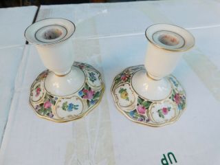 Antique Carl Thieme Dresden Saxony Hand Painted Flower Candle Holders