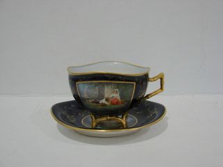Antique Royal Vienna Hand Painted Scenes Cobalt Blue & Gold Footed Cup & Saucer