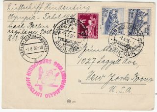 Zeppelin 1936 Hindenburg Olympic Flight Post Card Frankfurt - York Usa