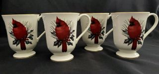 Set/4 Lenox Winter Greetings Footed Coffee Cup Mugs Cardinal Bird Holiday