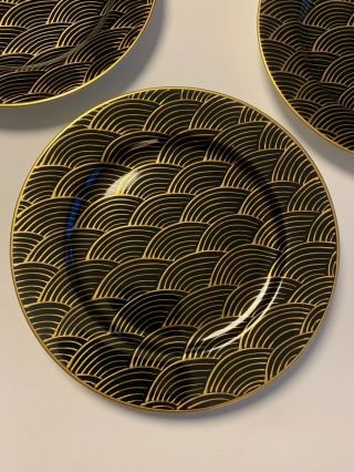 Set Of 4 Fitz And Floyd Waves Black Gold Salad Plate 7.  5 " Japan Chinoiserie