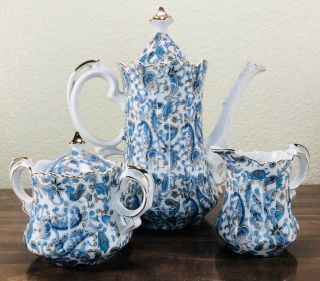 Lefton China Blue Paisley Tea Coffee Pot Ne1972,  Creamer,  Sugar W/ Lid Ne1974