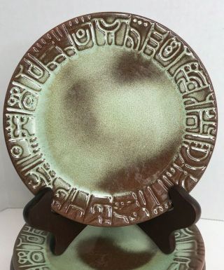 7 Vintage Frankoma Pottery Usa Mayan Aztec Prairie Green Salad Lunch Plates 7 "