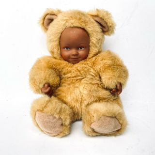 Anne Geddes Baby Doll Teddy Bear 8 " African American Lifelike Fluffy Bean Filled
