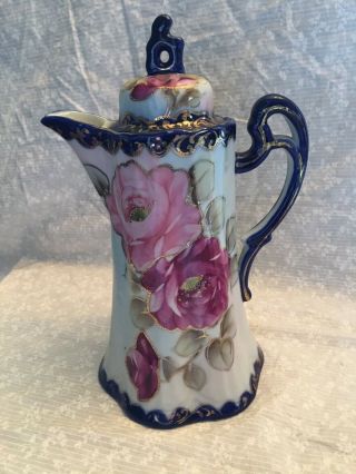 Nippon Te - Oh Chocolate Pot Vintage Pink Roses With Cobalt Blue Trim.  Hand Painte