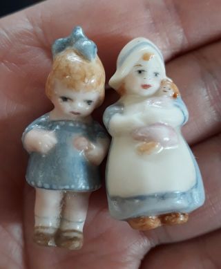 Two Little Miniature Bisque Girl Figures - German? 3.  5 / 4 Cm