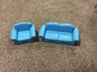 2002 Barbie Living Room Playset Living In Style Furniture - Couch Chair Blue