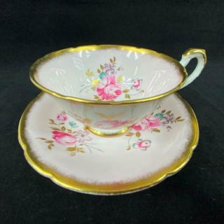 1960s Paragon Pink Cabbage Rose Tulips Gold Leaves Heavy Gold Cup Saucer E120d