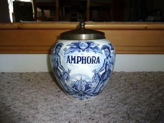 Vintage Hand Painted Delft Blue Holland Amphora Tobacco Jar And Lid Estate Find