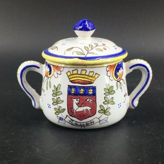 Vintage French Faience Pottery Rouen Sugar Bowl Coat Of Arms Crown Hand Painted