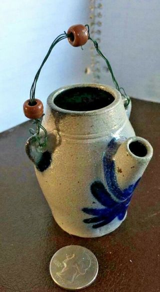 Miniature 1990 Rowe Pottery Maple Syrup Jug With Wire & Wooden Handle