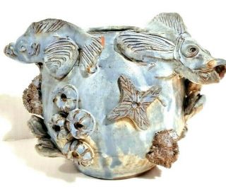 Vintage Handmade Studio Ceramic Vase Christofer Crete Sculptured Pottery Aquatic