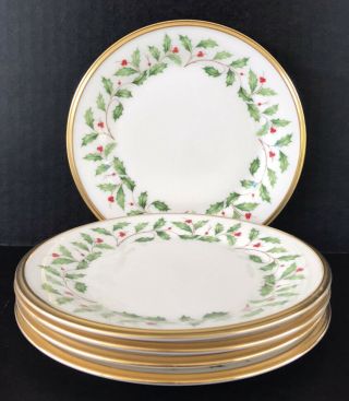 Lenox Holiday Dimension Bread Plates 6 3/8” Set Of 5 Christmas Holly Plates