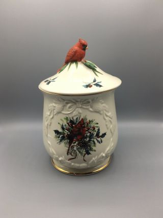 Lenox Winter Greetings Cookie Jar W/ Lid - Red Bow,  Sculpted Cardinal Bird Knob