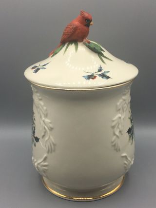 Lenox Winter Greetings Cookie Jar w/ Lid - Red Bow,  Sculpted Cardinal Bird Knob 3