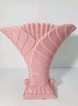 1930s Brush Mccoy Pottery Pink Art Deco Vase Planter Usa Console Mcm Leaves