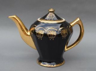 Vintage Hall China Black Albany Teapot With Art Deco Design Gold Trim