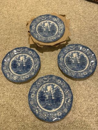 Set Of 8 Liberty Blue Staffordshire 10 " Dinner Plates - Independence Hall -
