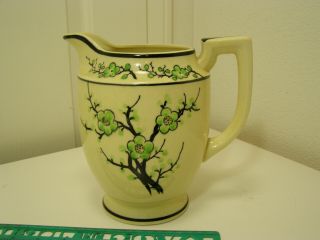 Vintage Moriyama Japan Pottery Art Pitcher Cream Color W/ Green Floral