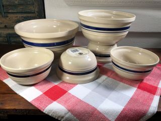 Primitive Vintage Style Yellow Ware Blue Stripe Mixing Bowls Soup Farmhouse Chic