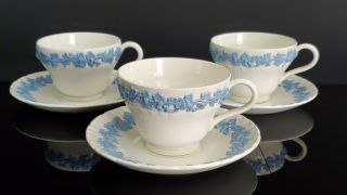 Wedgwood Queensware Lavender On Cream White Shell Edge Set Of 3 Cups And Saucers