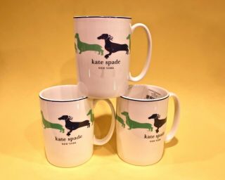 Set Of 3 Kate Spade Wickford Dachshund Dog Coffee Mug Navy White & Green Nwt
