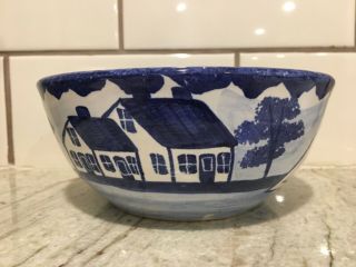 6.  5 " Euc Blue White Shard Pottery Maine Bowl Sailboats Sponge Painted Interior