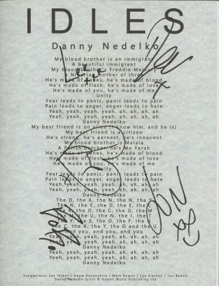 Idles Band Real Hand Signed Danny Nedelko Lyric Sheet 2 Autographed All 5